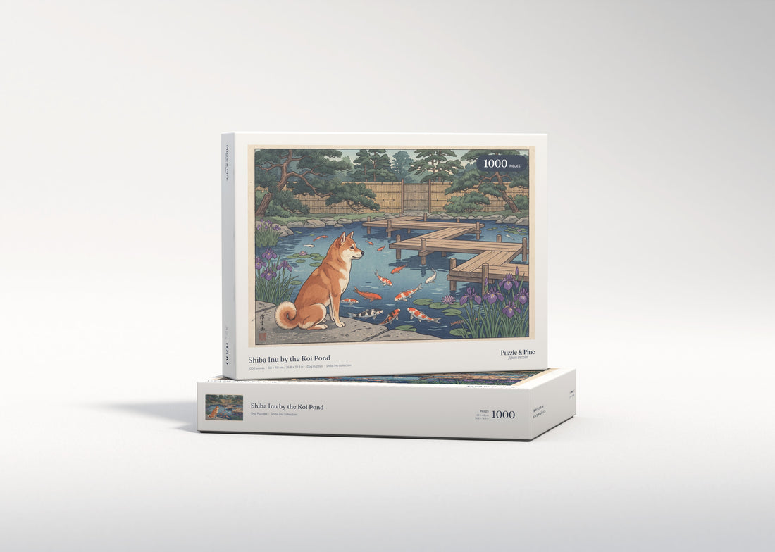 Shiba Inu by the Koi Pond jigsaw puzzle - gift box