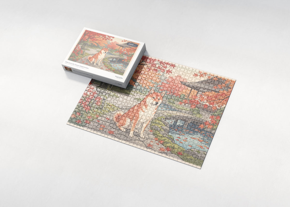 Shiba Inu in the Autumn Maple Garden jigsaw puzzle - box and puzzle