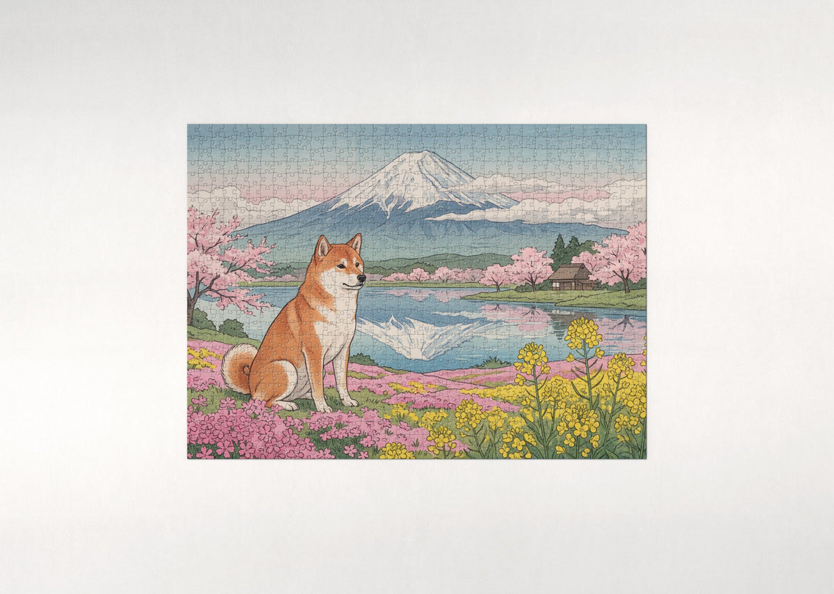 Shiba Inu in the Mount Fuji Meadow jigsaw puzzle - flat puzzle