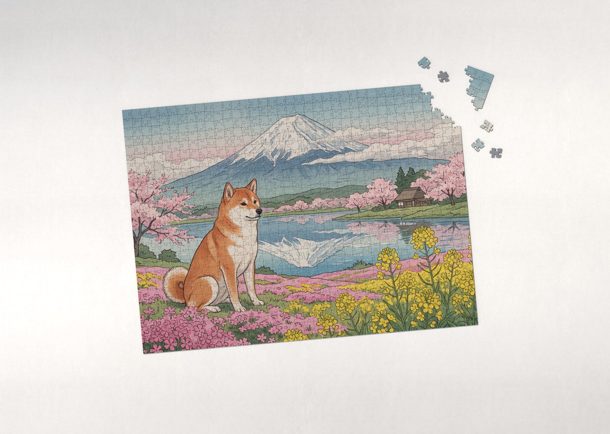 Shiba Inu in the Mount Fuji Meadow jigsaw puzzle - puzzle with loose pieces