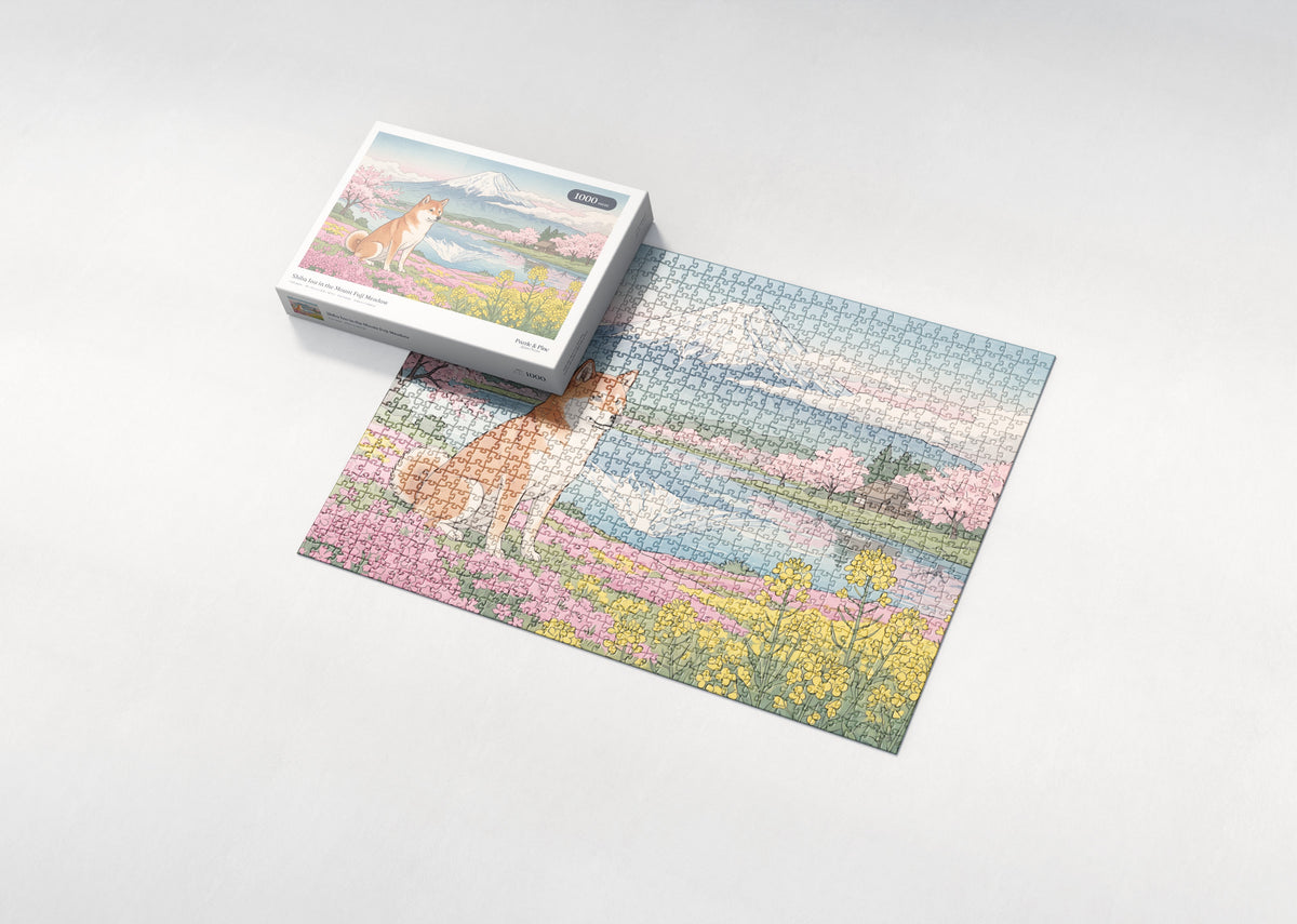 Shiba Inu in the Mount Fuji Meadow jigsaw puzzle - box and puzzle