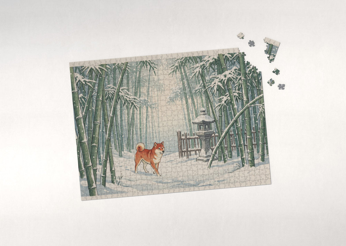 Shiba Inu in the Snowy Bamboo Grove jigsaw puzzle - puzzle with loose pieces