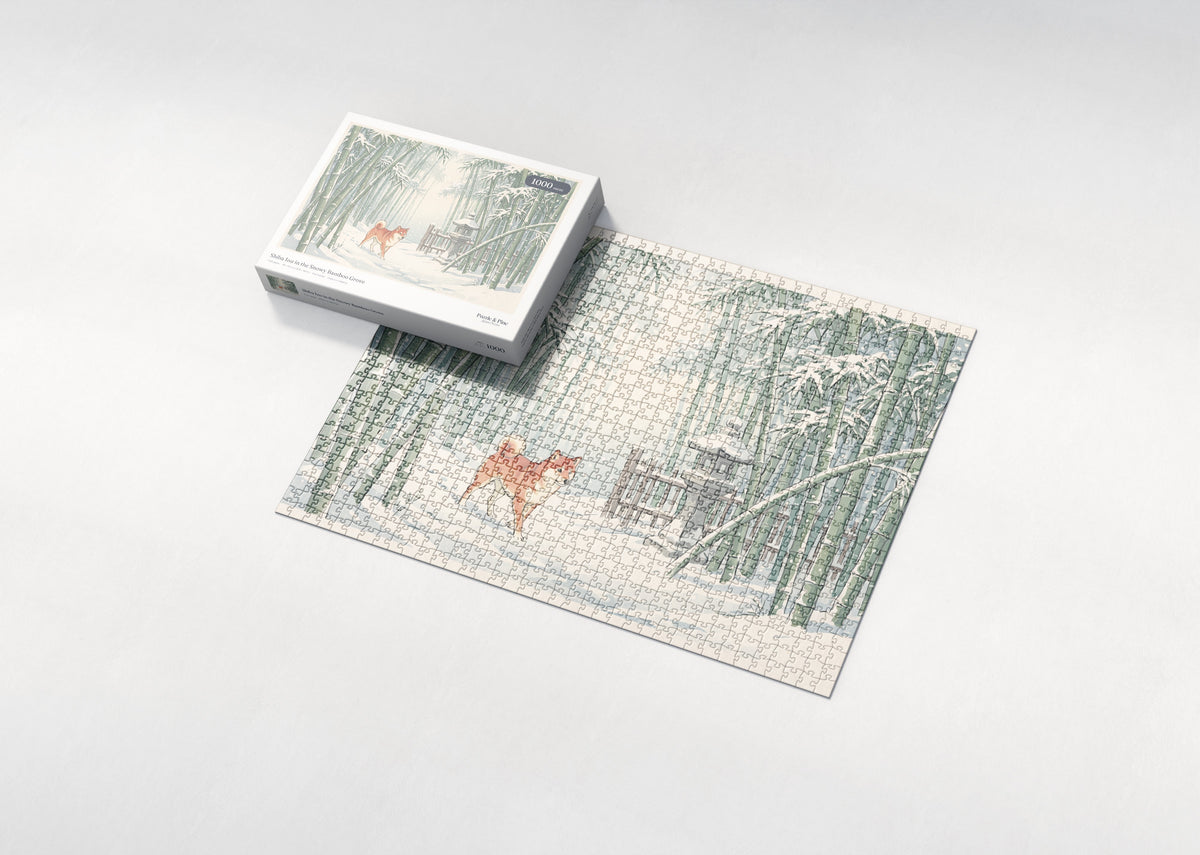 Shiba Inu in the Snowy Bamboo Grove jigsaw puzzle - box and puzzle