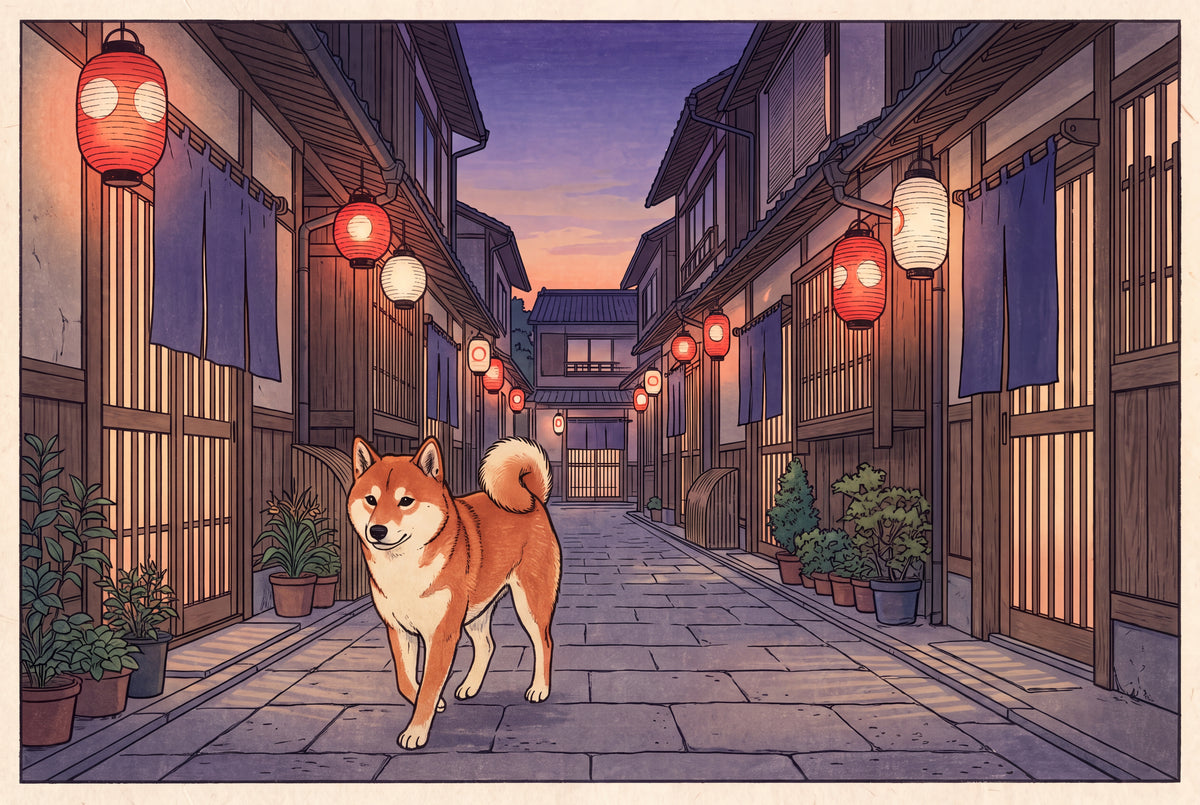 Shiba Inu on the Lantern Street at Dusk jigsaw puzzle