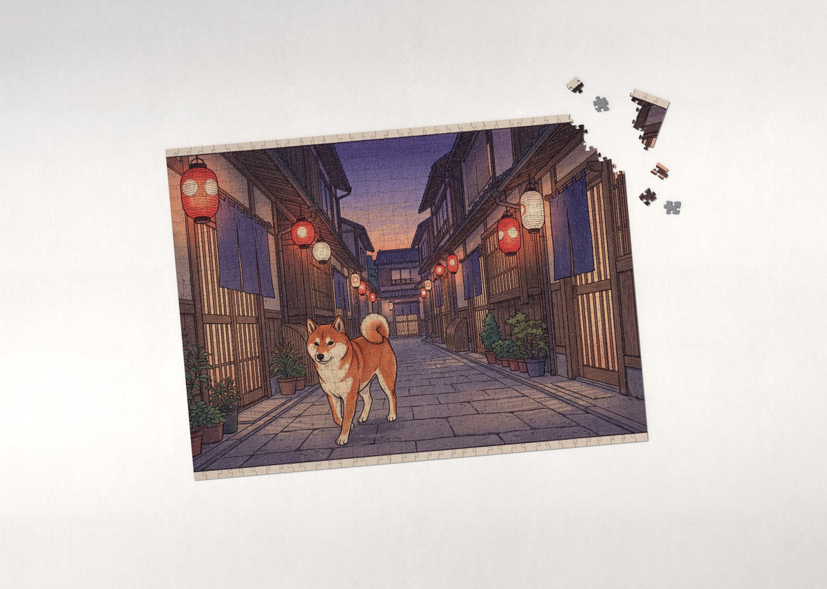 Shiba Inu on the Lantern Street at Dusk jigsaw puzzle - puzzle with loose pieces