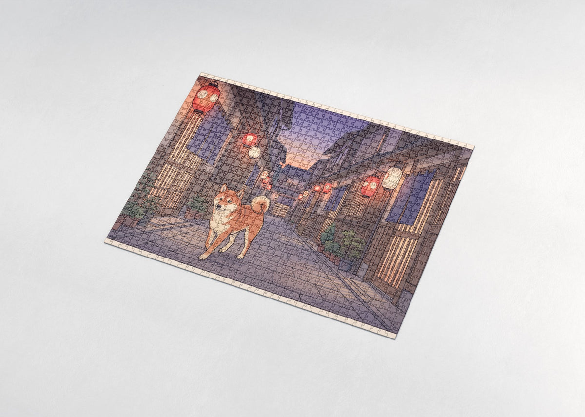 Shiba Inu on the Lantern Street at Dusk jigsaw puzzle - assembled puzzle