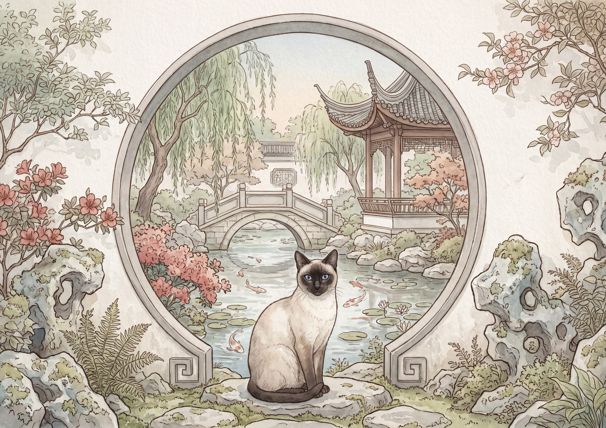 Siamese Cat At the Moon Gate Garden jigsaw puzzle