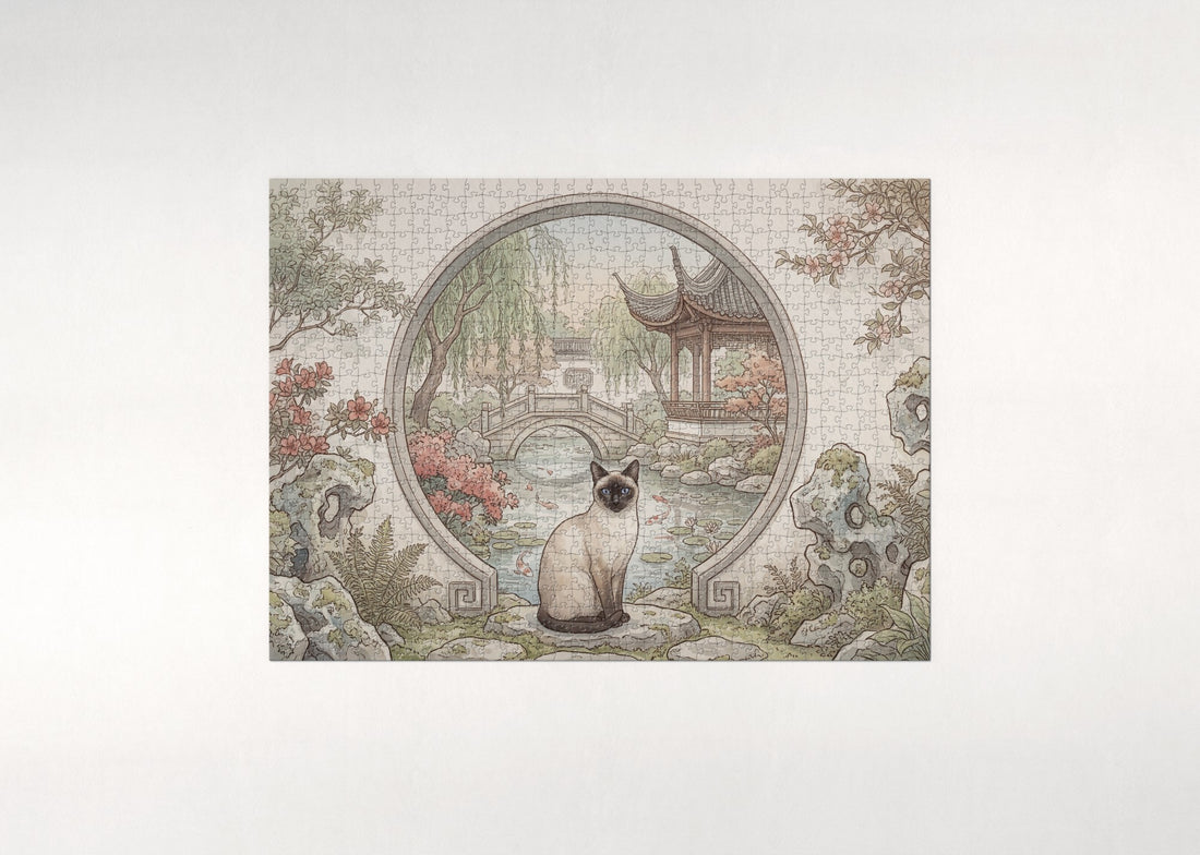 Siamese Cat At the Moon Gate Garden jigsaw puzzle - gift box