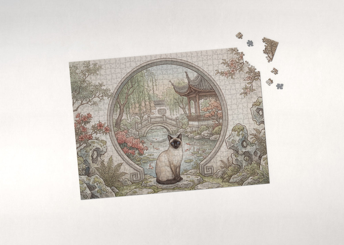 Siamese Cat At the Moon Gate Garden jigsaw puzzle - puzzle with loose pieces