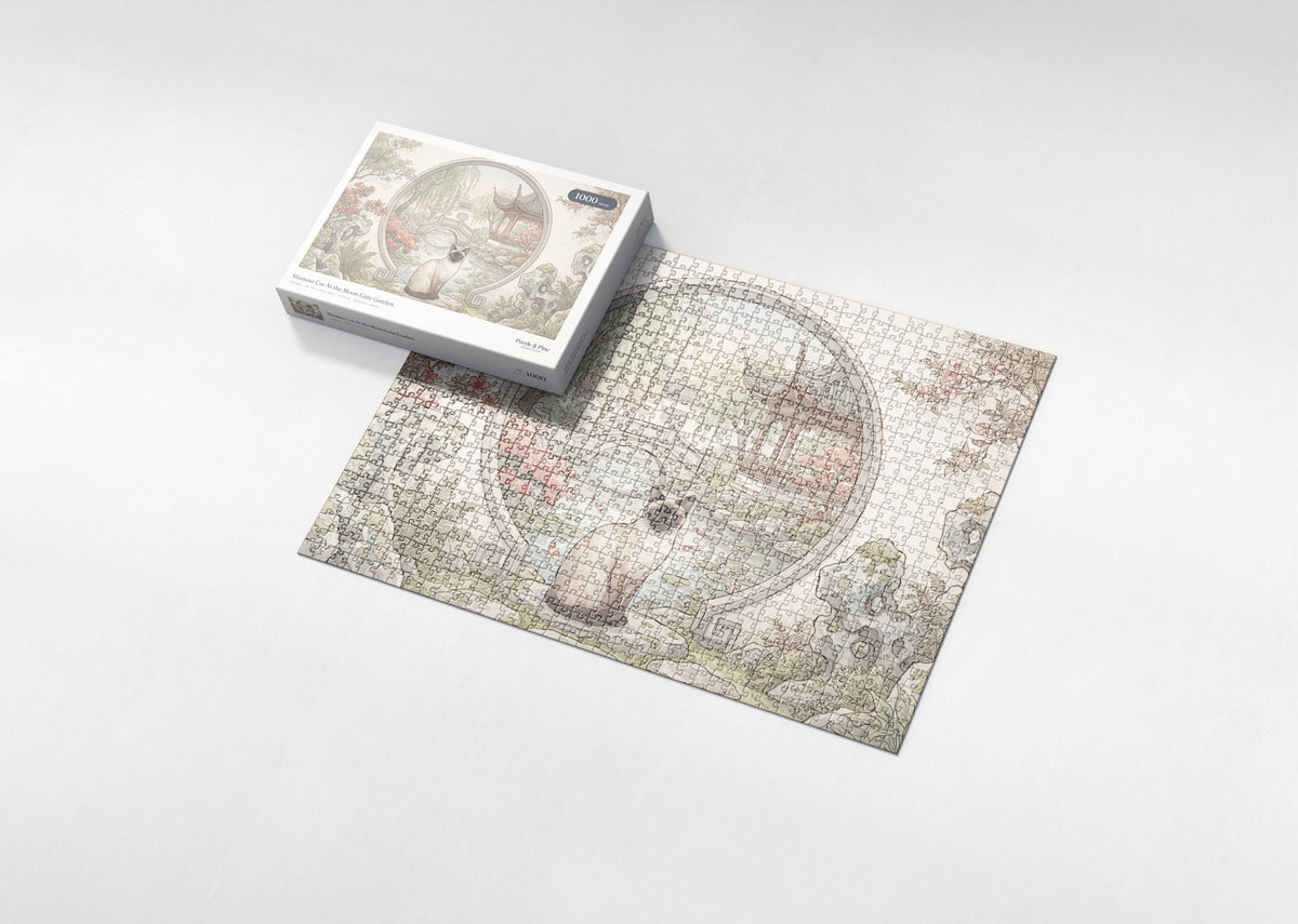 Siamese Cat At the Moon Gate Garden jigsaw puzzle - box and puzzle
