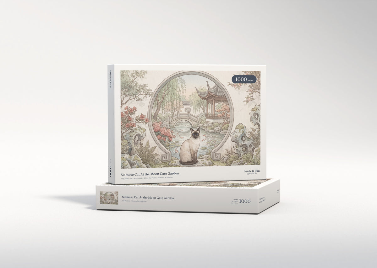 Siamese Cat At the Moon Gate Garden jigsaw puzzle - gift box