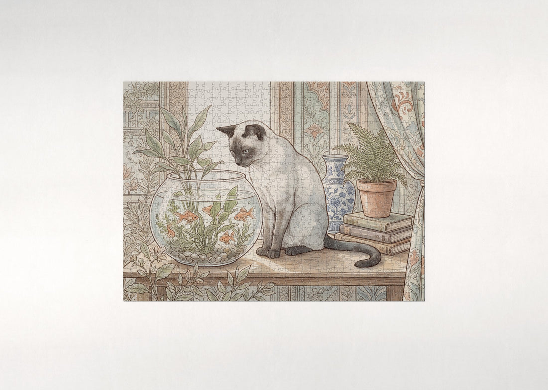 Siamese Cat By the Goldfish Bowl jigsaw puzzle - gift box