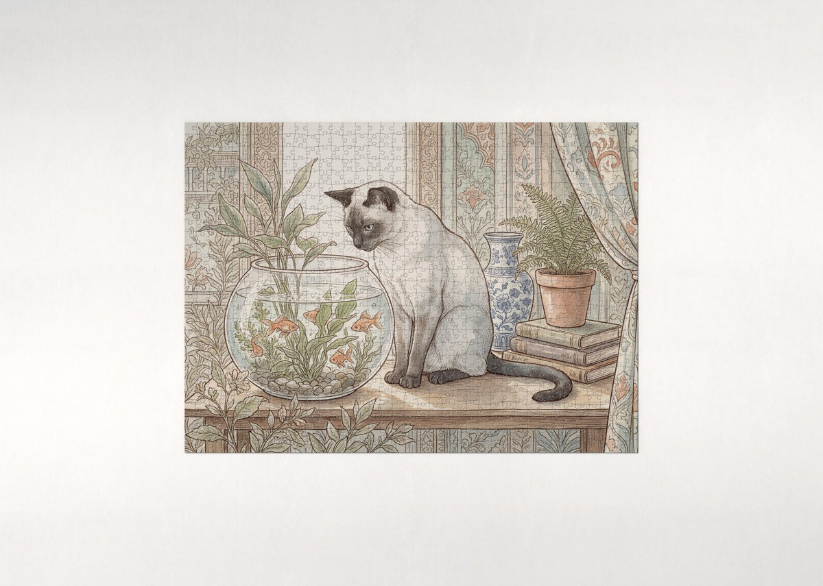 Siamese Cat By the Goldfish Bowl jigsaw puzzle - flat puzzle