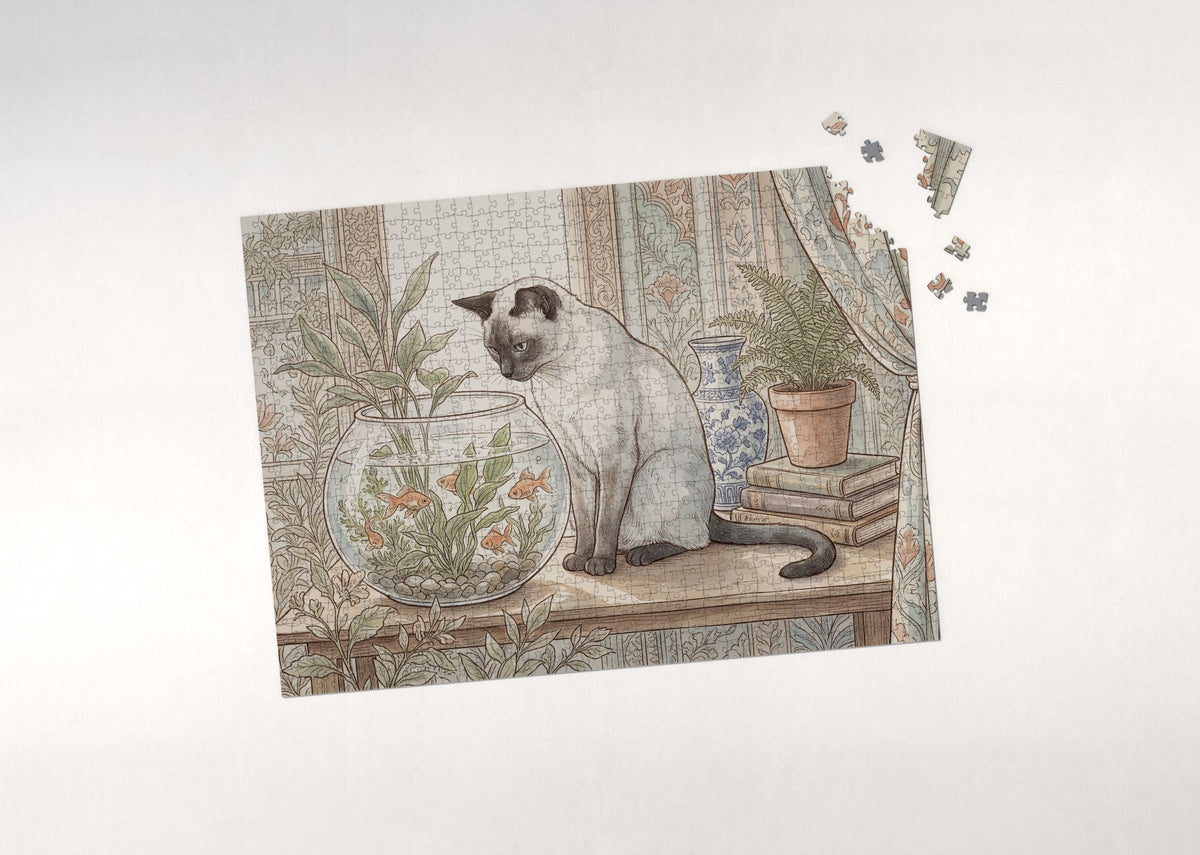 Siamese Cat By the Goldfish Bowl jigsaw puzzle - puzzle with loose pieces