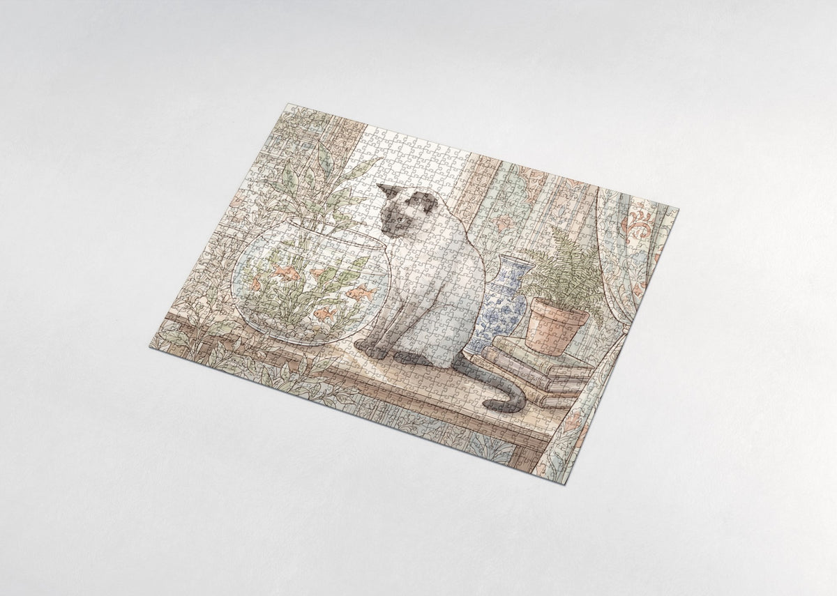 Siamese Cat By the Goldfish Bowl jigsaw puzzle - assembled puzzle