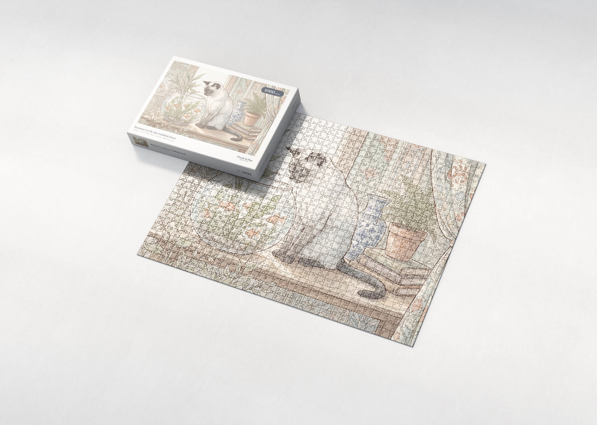 Siamese Cat By the Goldfish Bowl jigsaw puzzle - box and puzzle