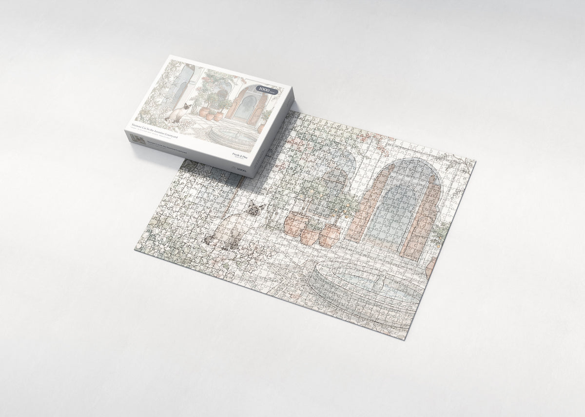 Siamese Cat In the Jasmine Courtyard jigsaw puzzle - box and puzzle