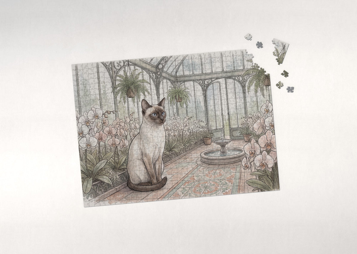 Siamese Cat In the Orchid Conservatory jigsaw puzzle - puzzle with loose pieces
