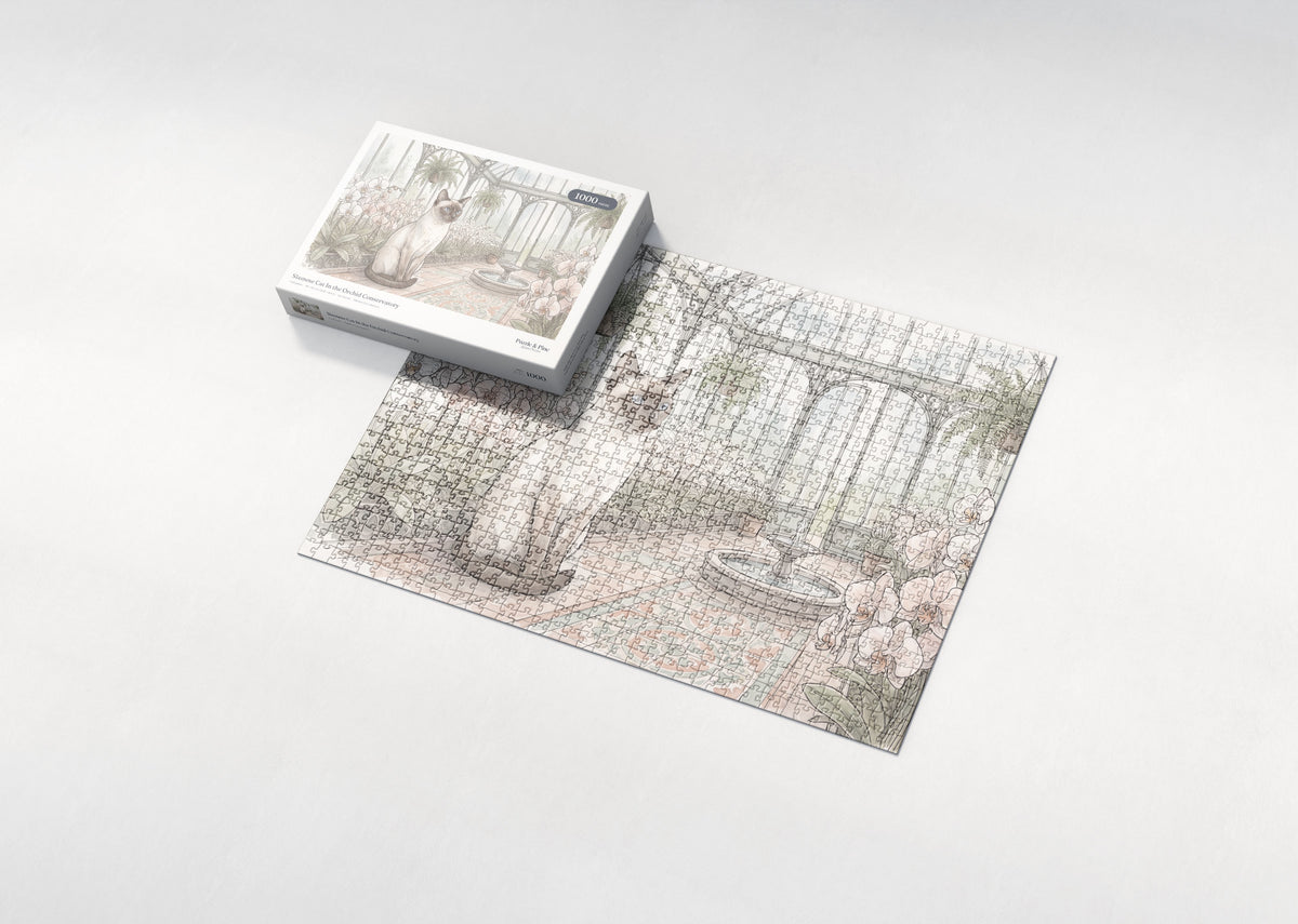Siamese Cat In the Orchid Conservatory jigsaw puzzle - box and puzzle