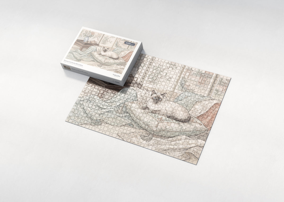 Siamese Cat On the Silk Cushion jigsaw puzzle - box and puzzle