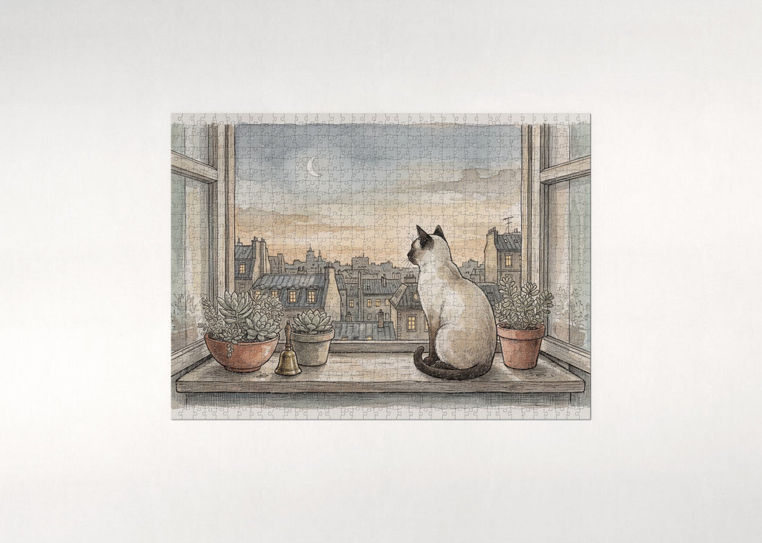 Siamese Cat On the Windowsill at Dusk jigsaw puzzle - gift box