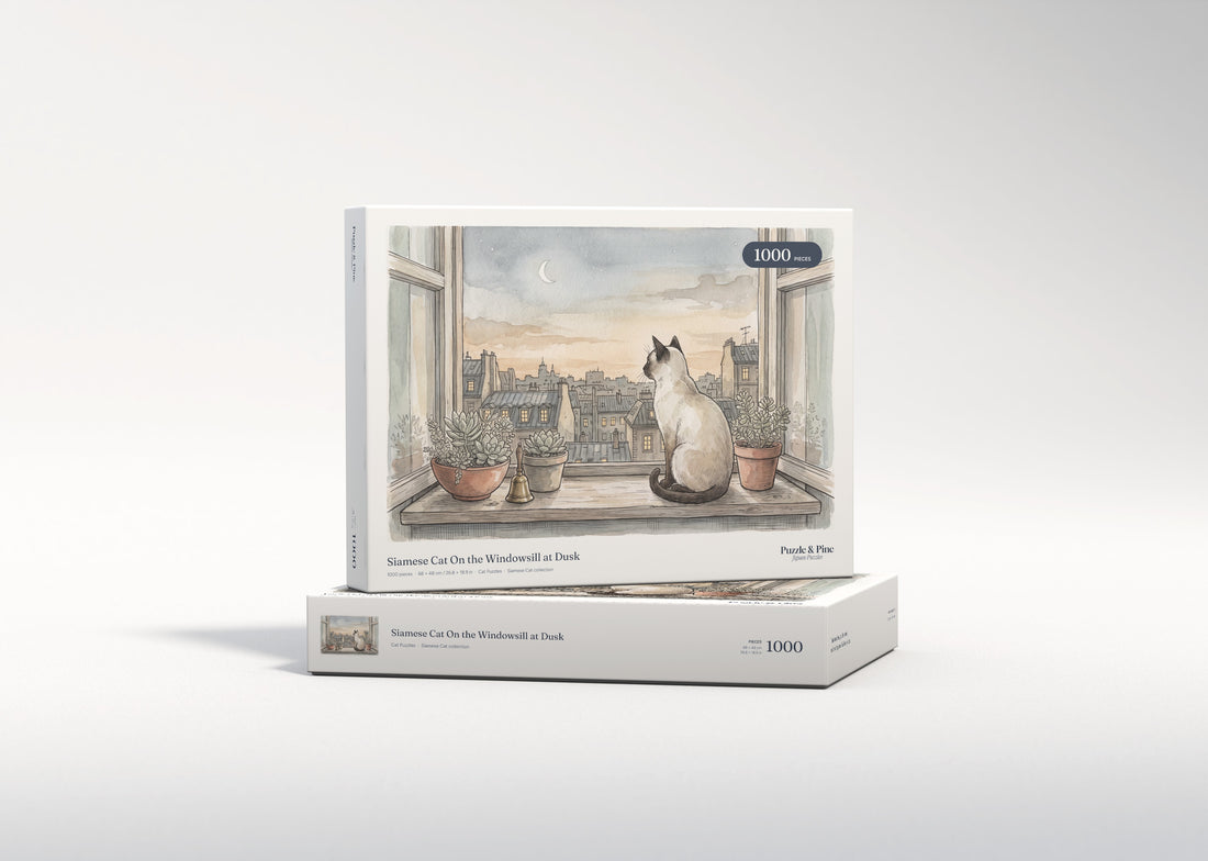 Siamese Cat On the Windowsill at Dusk jigsaw puzzle - gift box