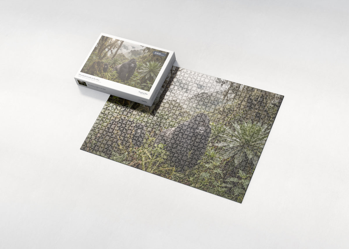 Silverback Gorilla in the Mist jigsaw puzzle - box and puzzle