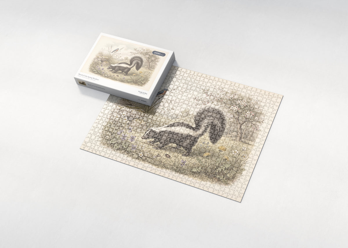Skunk in the Spring Meadow jigsaw puzzle - box and puzzle