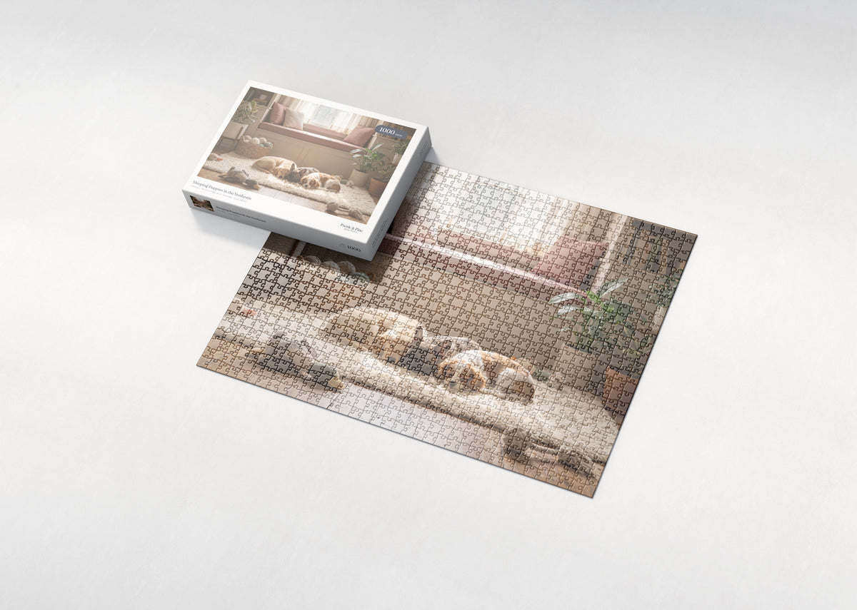 Sleeping Puppies in the Sunbeam jigsaw puzzle - box and puzzle