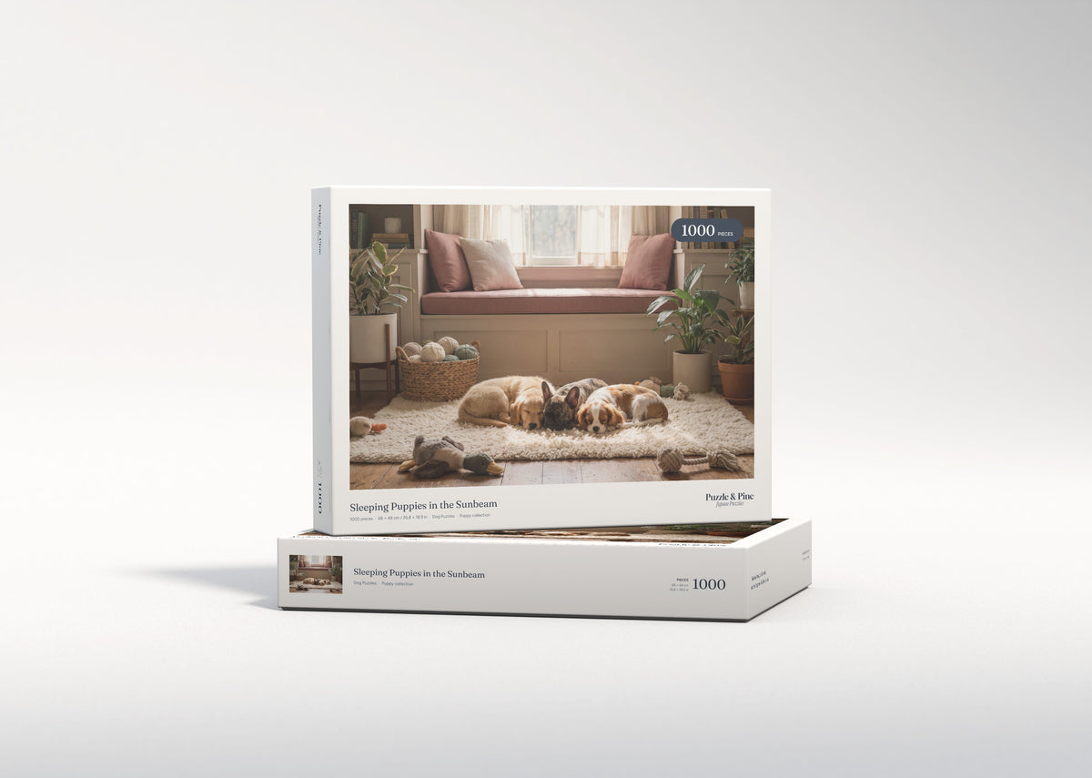 Sleeping Puppies in the Sunbeam jigsaw puzzle - gift box