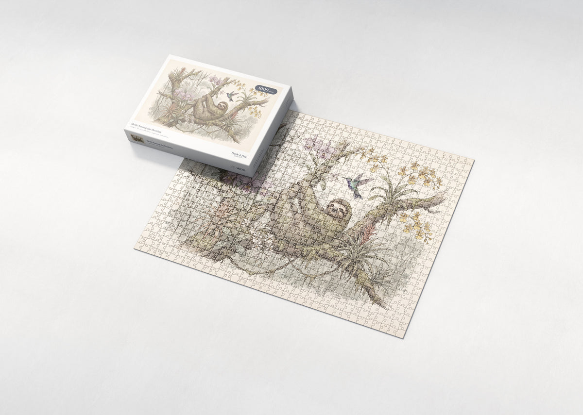 Sloth Among the Orchids jigsaw puzzle - box and puzzle