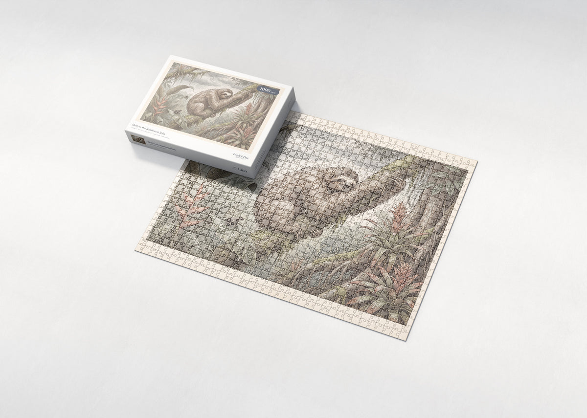 Sloth in the Rainforest Rain jigsaw puzzle - box and puzzle