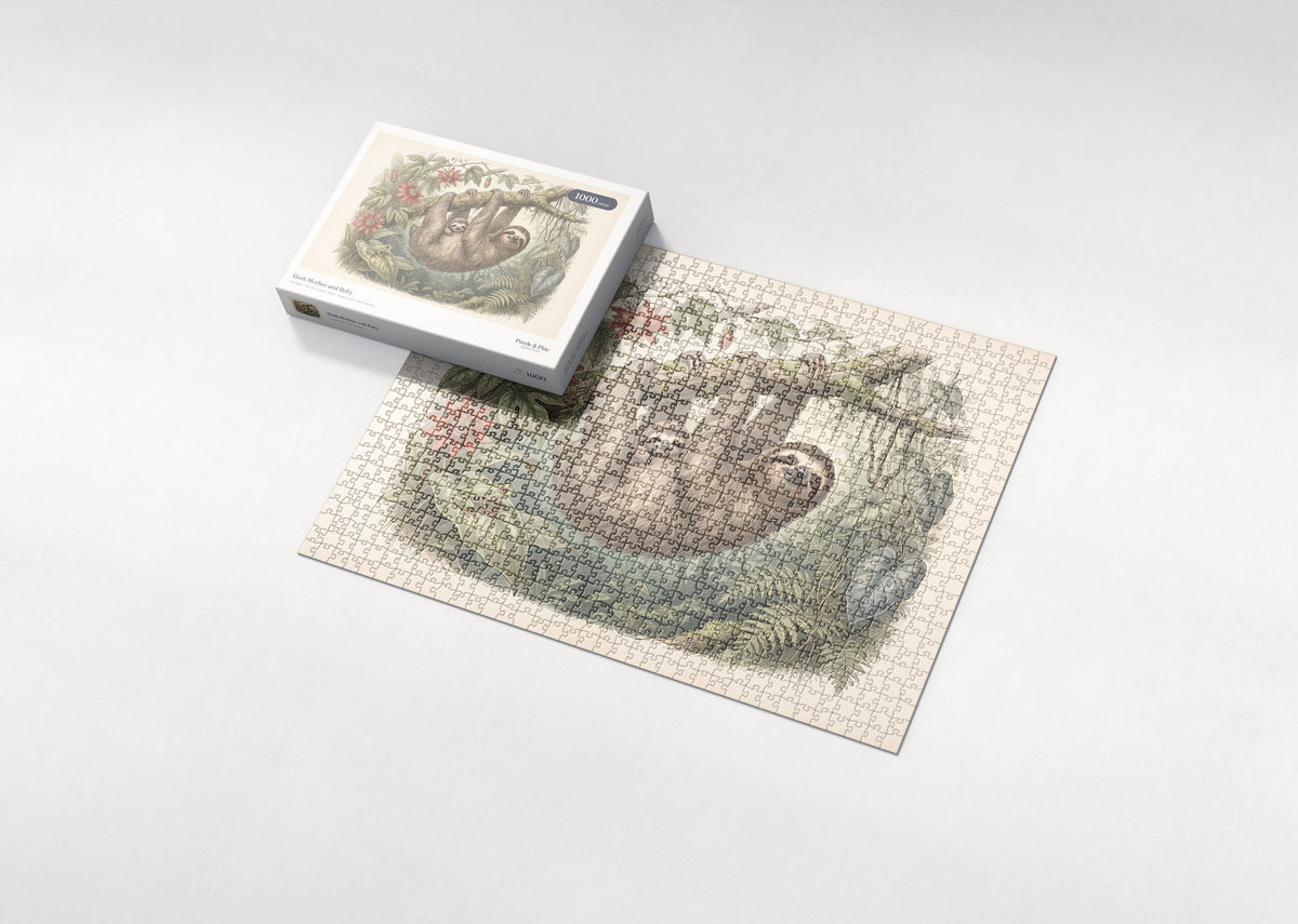 Sloth Mother and Baby jigsaw puzzle - box and puzzle