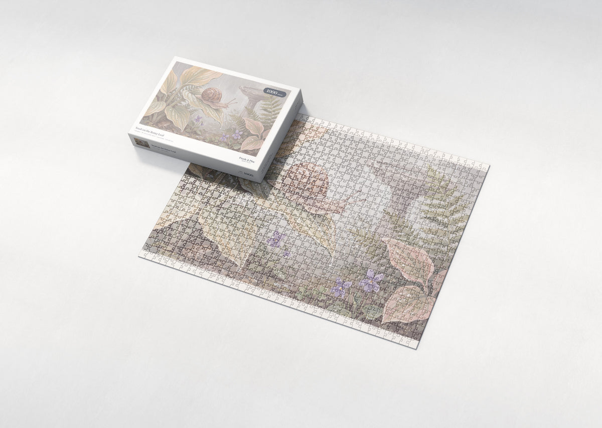 Snail on the Rainy Leaf jigsaw puzzle - box and puzzle