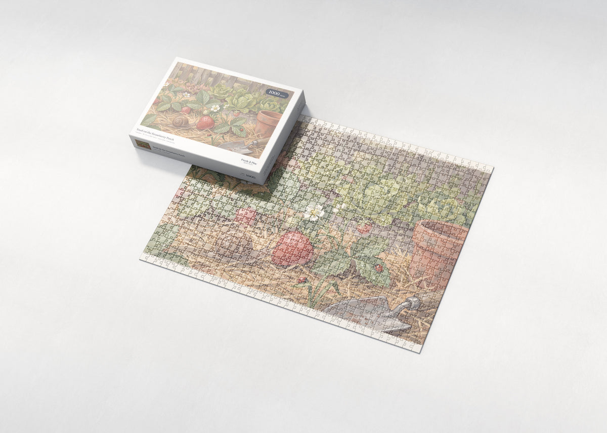 Snail on the Strawberry Patch jigsaw puzzle - box and puzzle