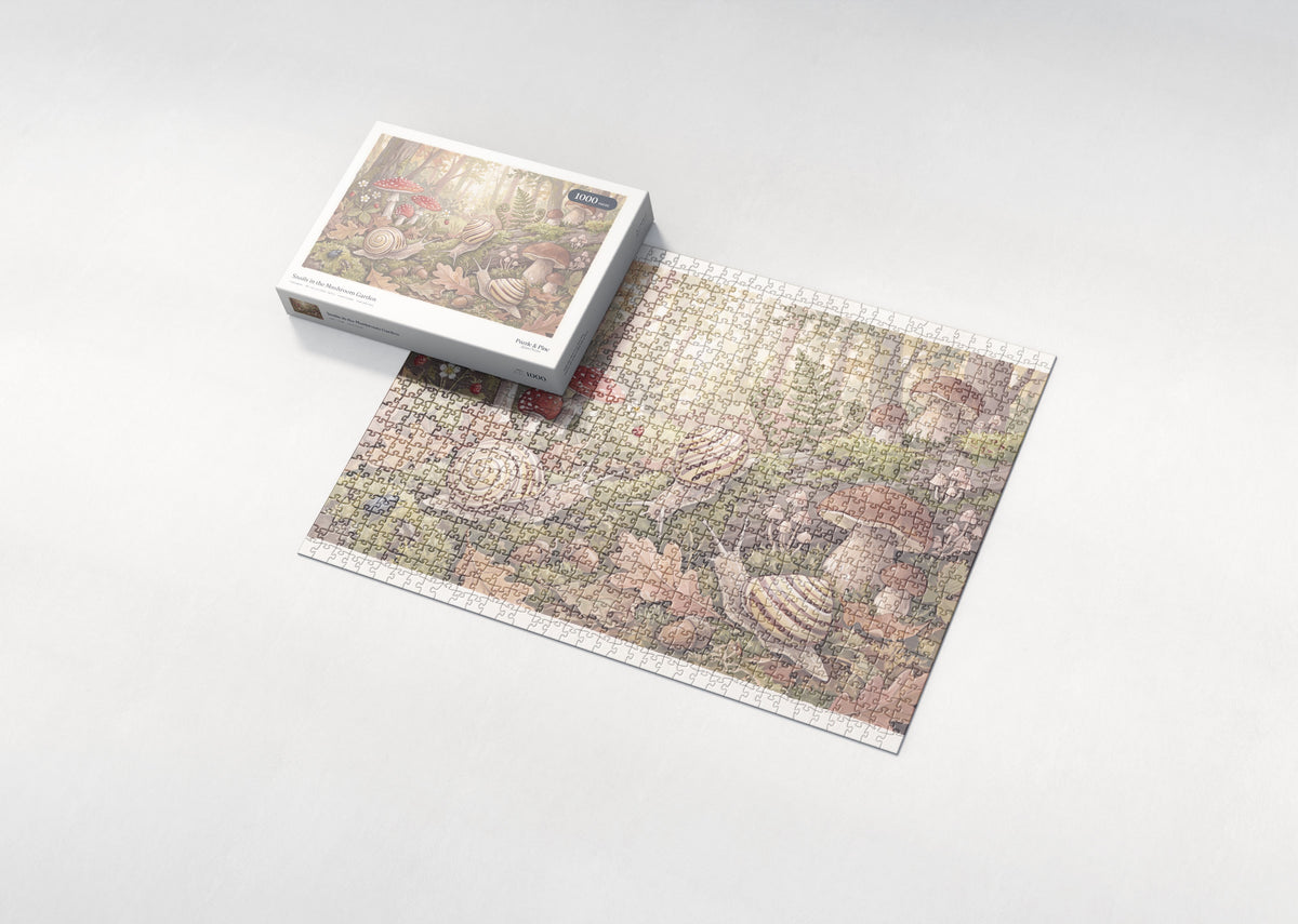 Snails in the Mushroom Garden jigsaw puzzle - box and puzzle