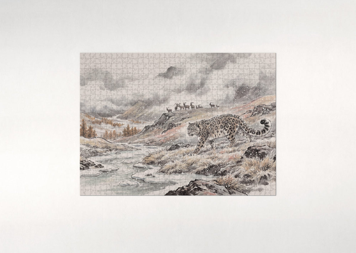Snow Leopard in the Falling Snow jigsaw puzzle - flat puzzle