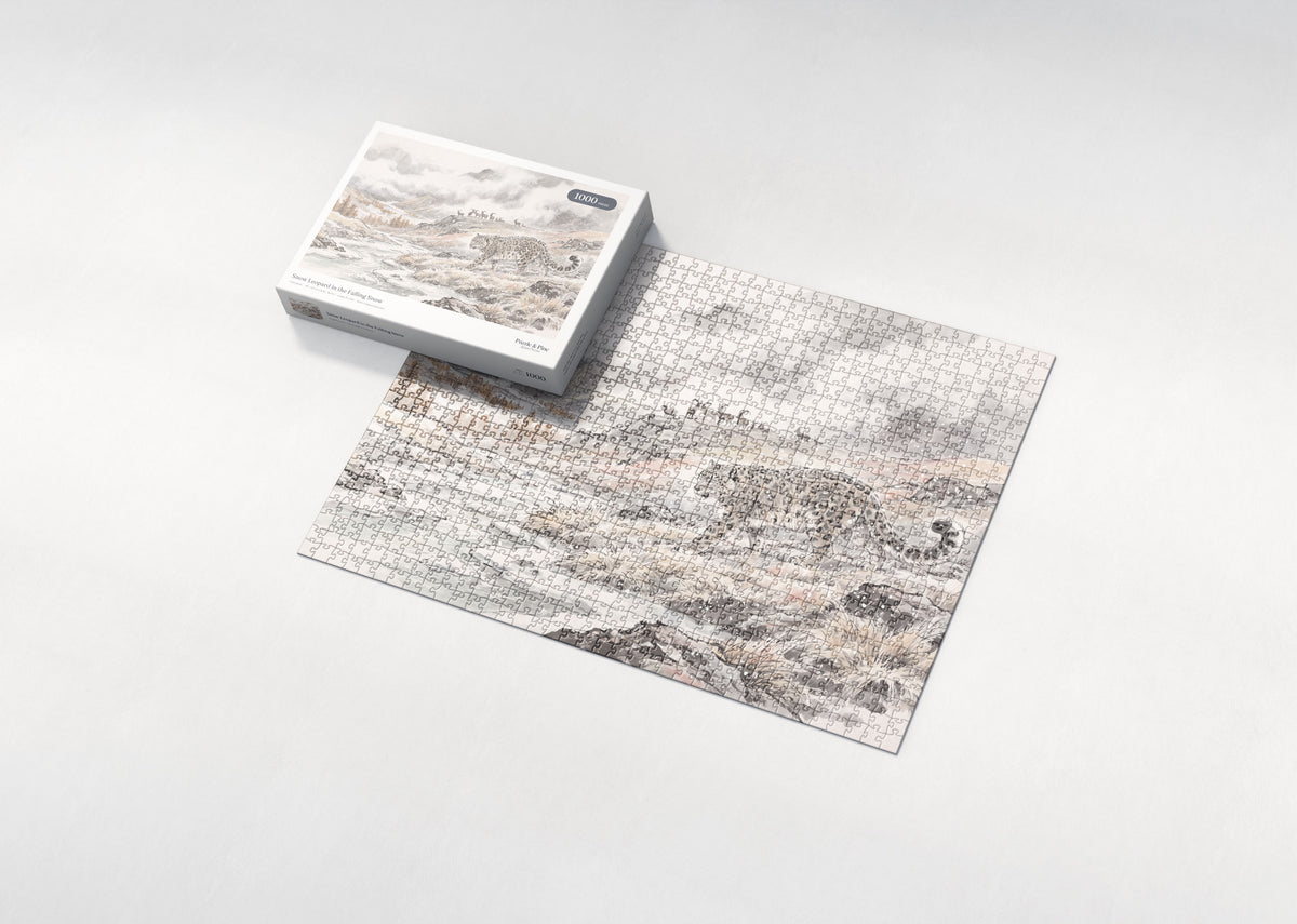 Snow Leopard in the Falling Snow jigsaw puzzle - box and puzzle