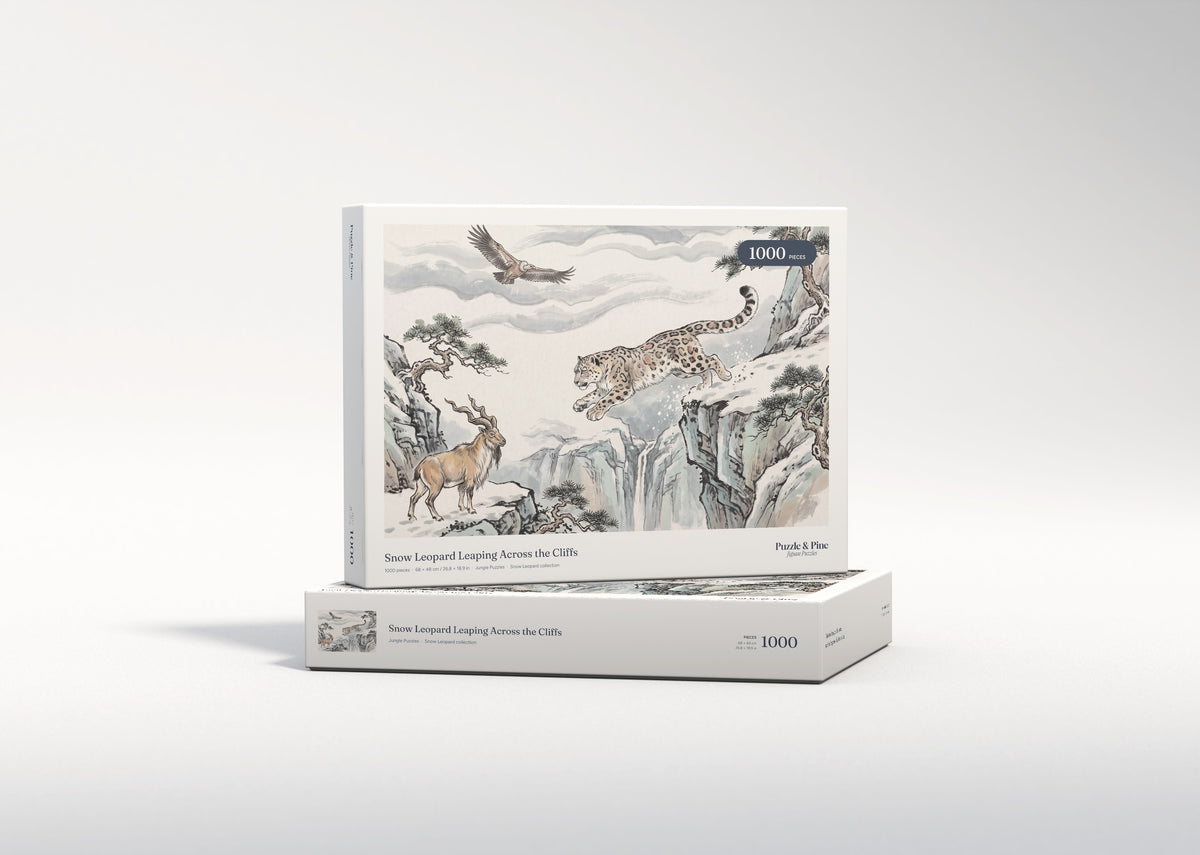 Snow Leopard Leaping Across the Cliffs jigsaw puzzle - gift box
