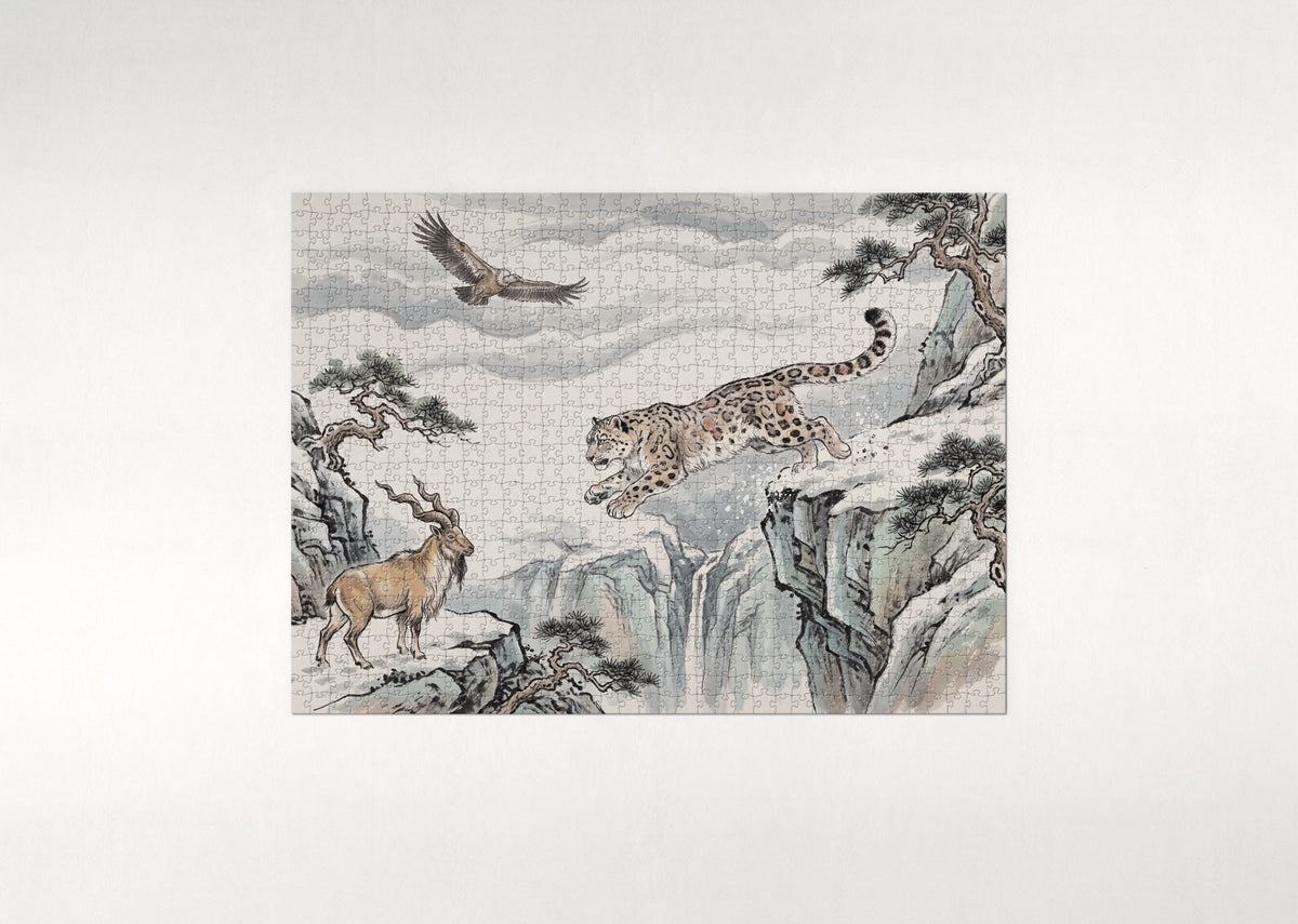 Snow Leopard Leaping Across the Cliffs jigsaw puzzle - flat puzzle