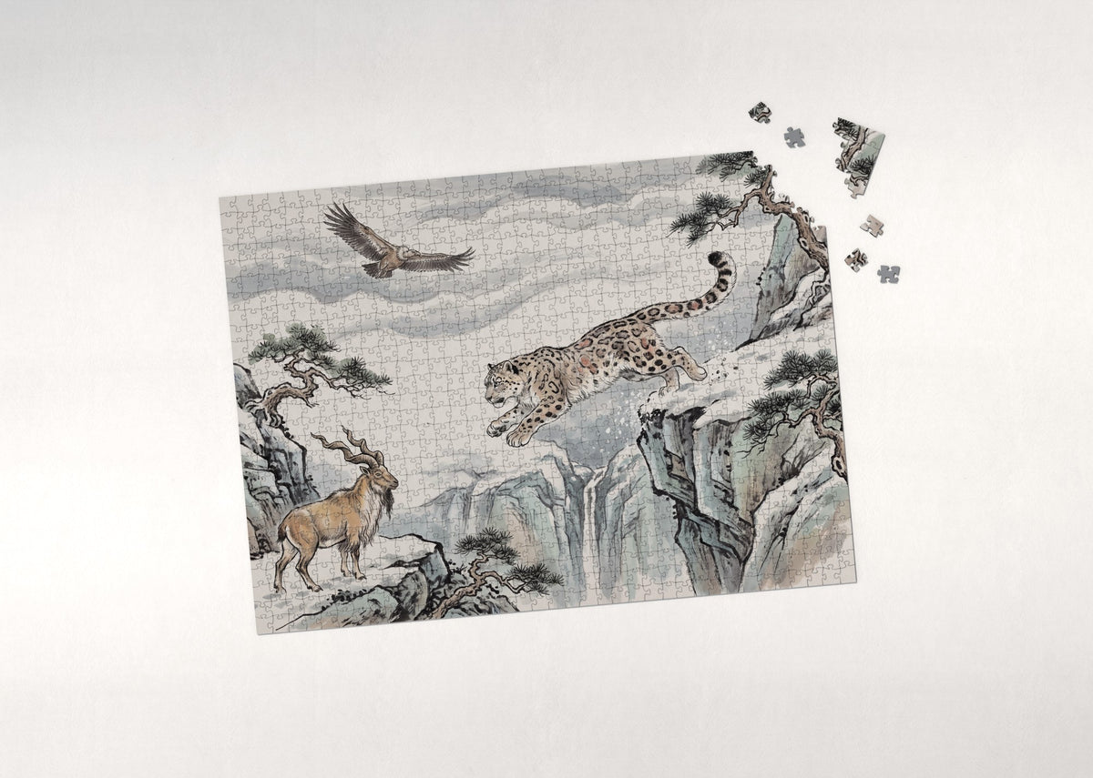 Snow Leopard Leaping Across the Cliffs jigsaw puzzle - puzzle with loose pieces