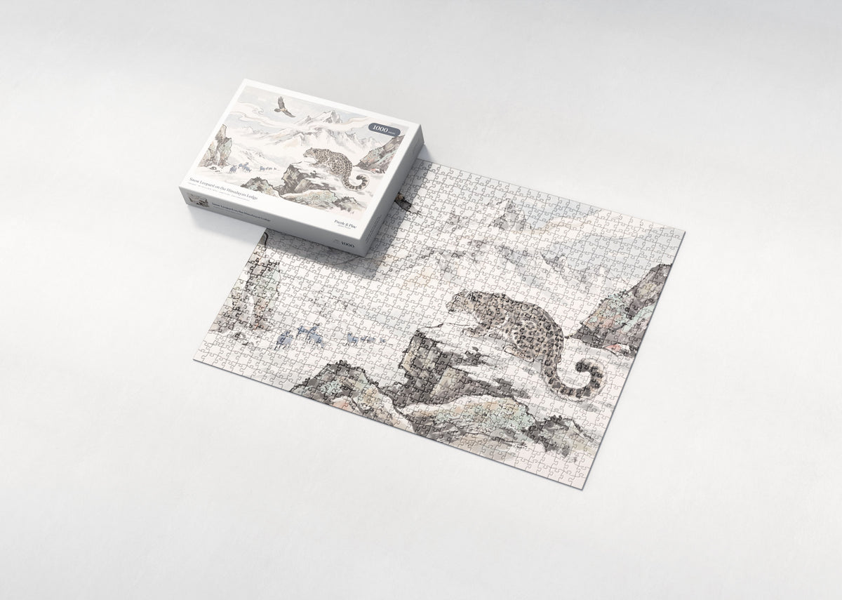 Snow Leopard on the Himalayan Ledge jigsaw puzzle - box and puzzle