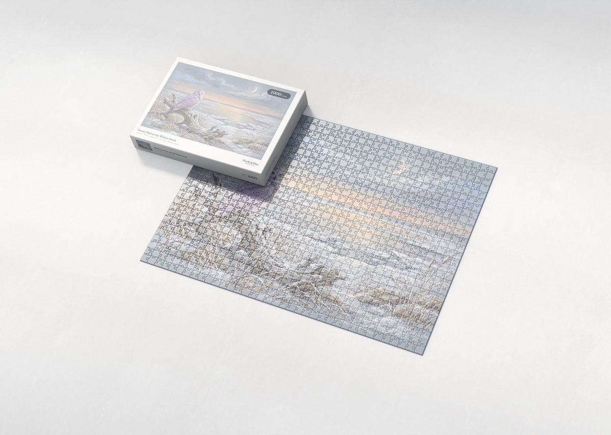 Snowy Owl at the Winter Dusk jigsaw puzzle - box and puzzle
