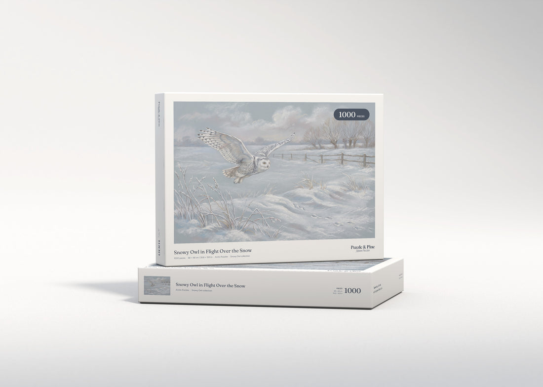 Snowy Owl in Flight Over the Snow jigsaw puzzle - gift box