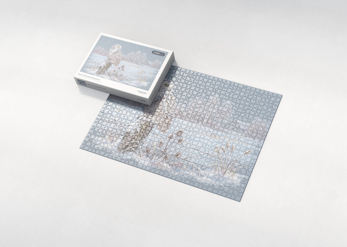 Snowy Owl in the Falling Snow jigsaw puzzle - box and puzzle