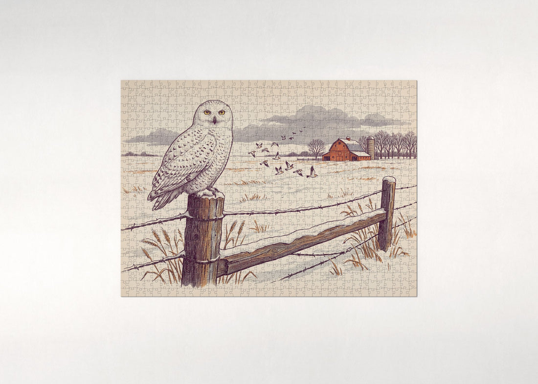 Snowy Owl on the Winter Fence Post jigsaw puzzle - gift box