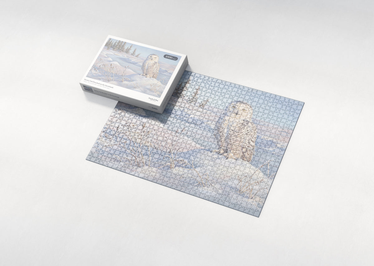 Snowy Owl Perched on the Snowbank jigsaw puzzle - box and puzzle