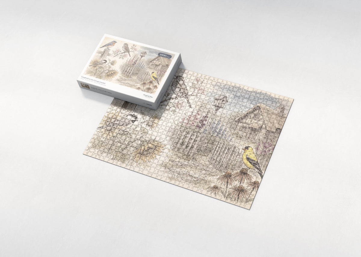 Songbirds in the Cottage Garden jigsaw puzzle - box and puzzle