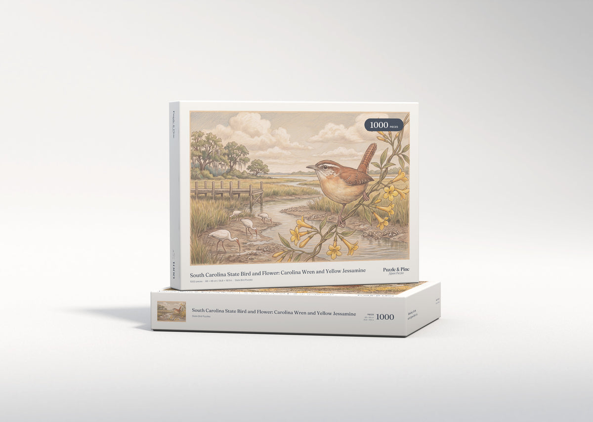 South Carolina State Bird and Flower: Carolina Wren and Yellow Jessamine jigsaw puzzle - gift box