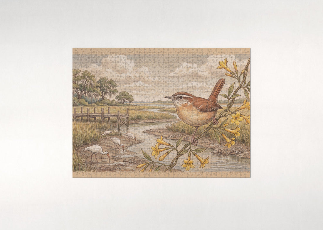 South Carolina State Bird and Flower: Carolina Wren and Yellow Jessamine jigsaw puzzle - gift box